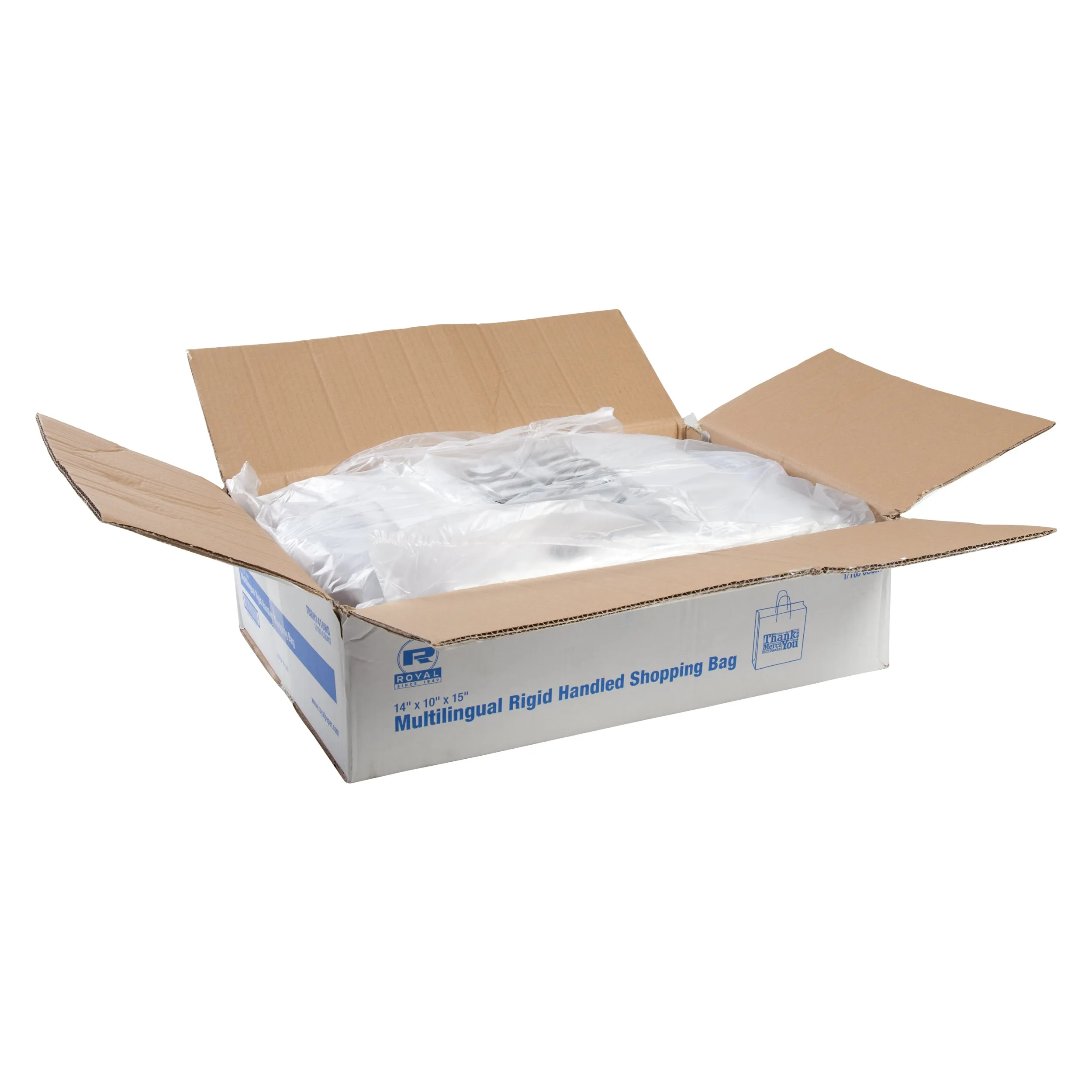 14" x 10" x 15" Rigid Handled Multilingual Shopping Bags, Case of 100