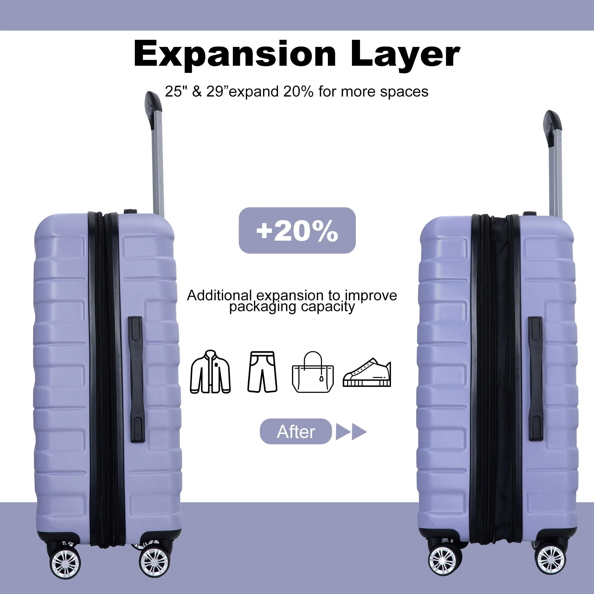 3 Piece Luggage Sets Pc Lightweight & Durable Expandable Suitcase With Two Hooks, Double Spinner Wheels, Tsa Lock, (21/25/29) Light Purple