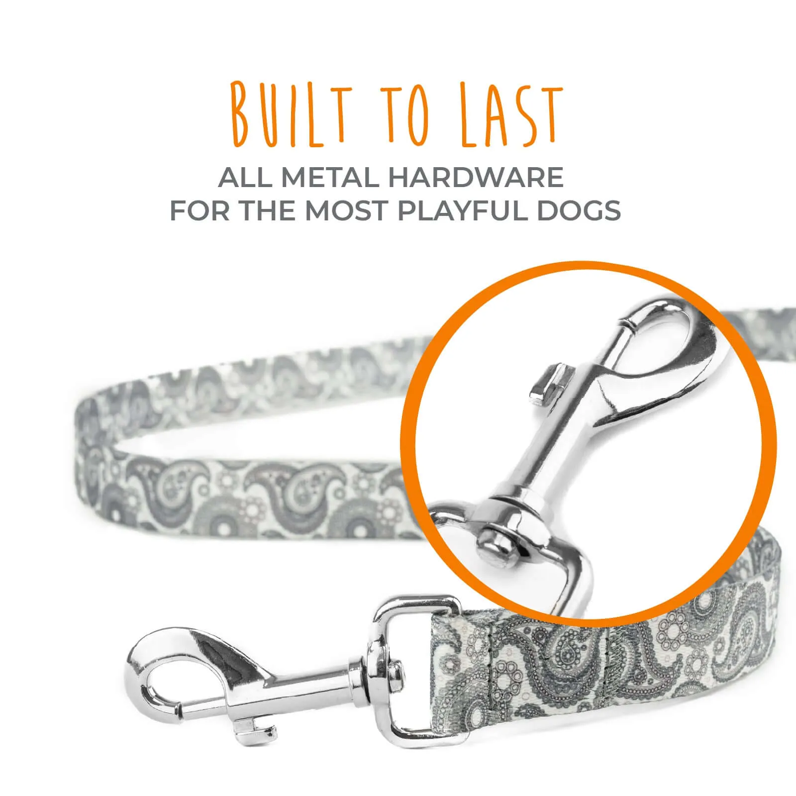 6' Grey Paisley Designer Dog Leash with All-Metal Hardware