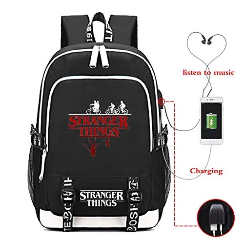Aleven Stranger Things Backpack, Laptop Headphone Power Bank Backpack With USB Charging Porttravel Sport For Adult Men Women Boy Girl Black ...