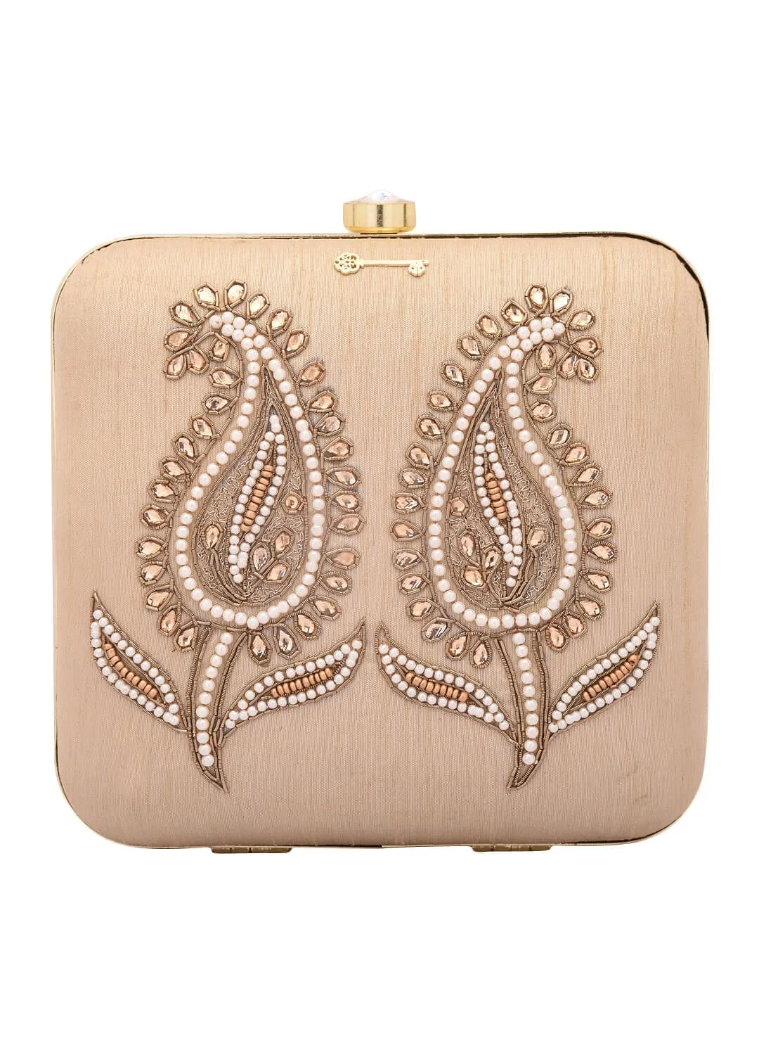 Beige Dabka Zari Embroidery Silk Box Clutch (6.5"x7"x2")