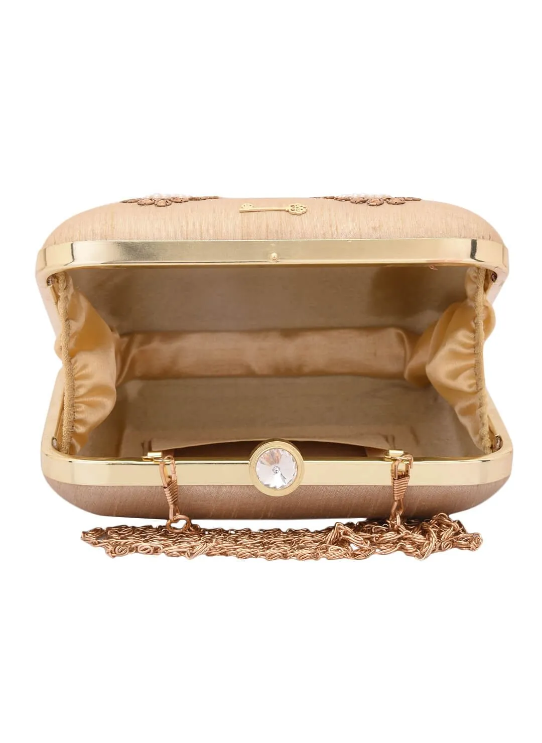 Beige Dabka Zari Embroidery Silk Box Clutch (6.5"x7"x2")