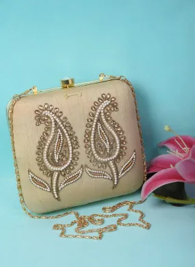 Beige Dabka Zari Embroidery Silk Box Clutch (6.5"x7"x2")