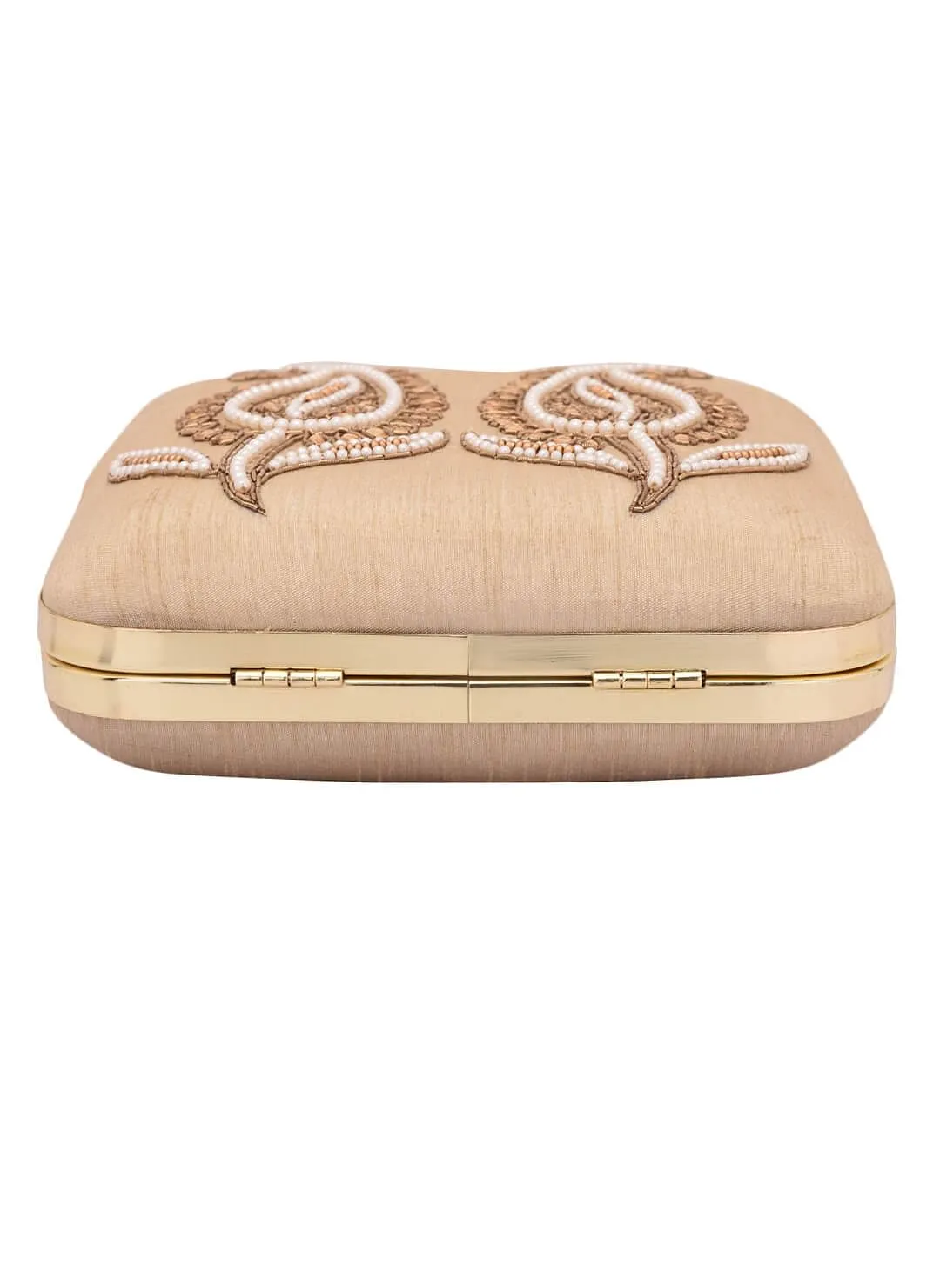 Beige Dabka Zari Embroidery Silk Box Clutch (6.5"x7"x2")