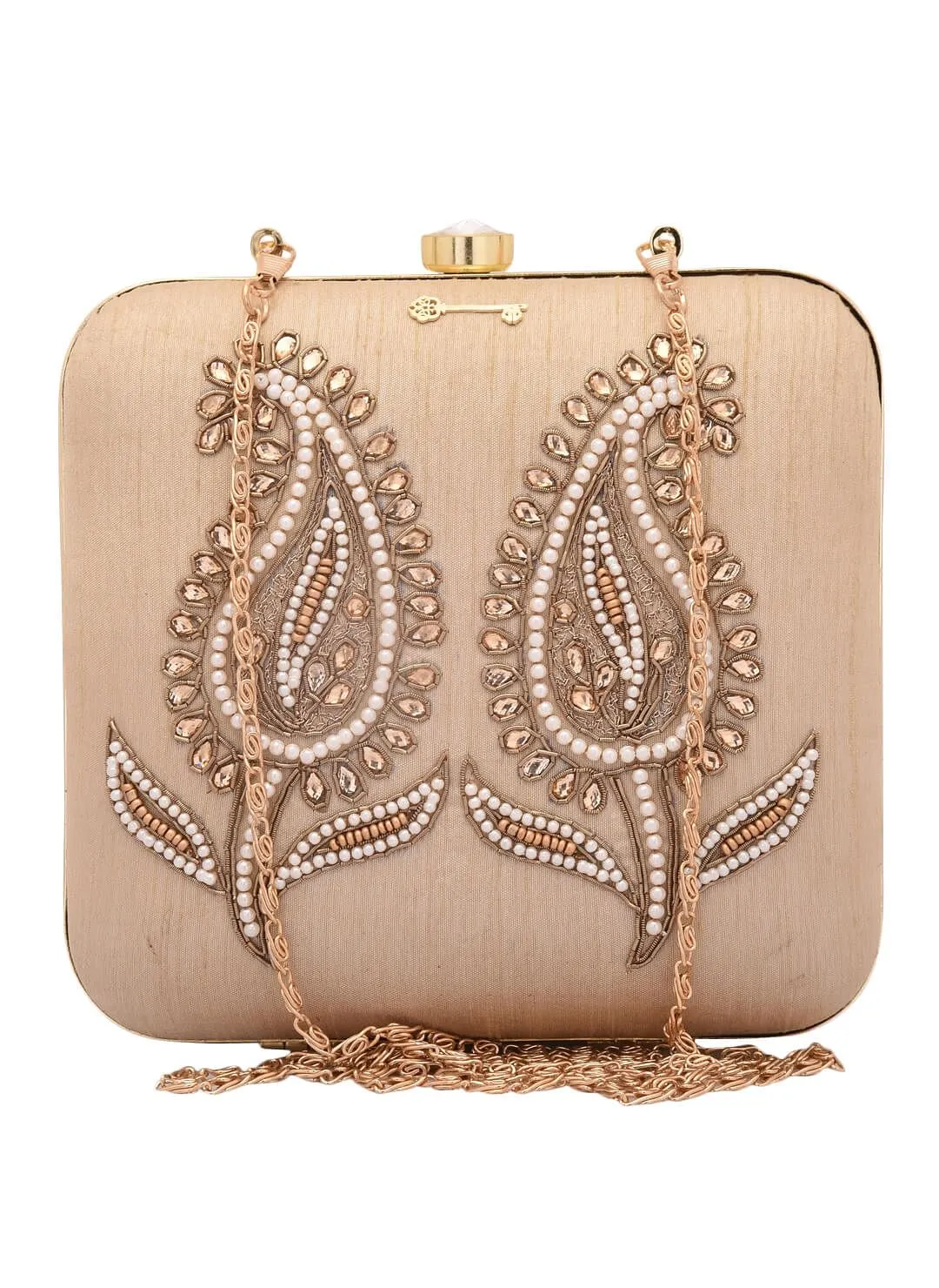 Beige Dabka Zari Embroidery Silk Box Clutch (6.5"x7"x2")