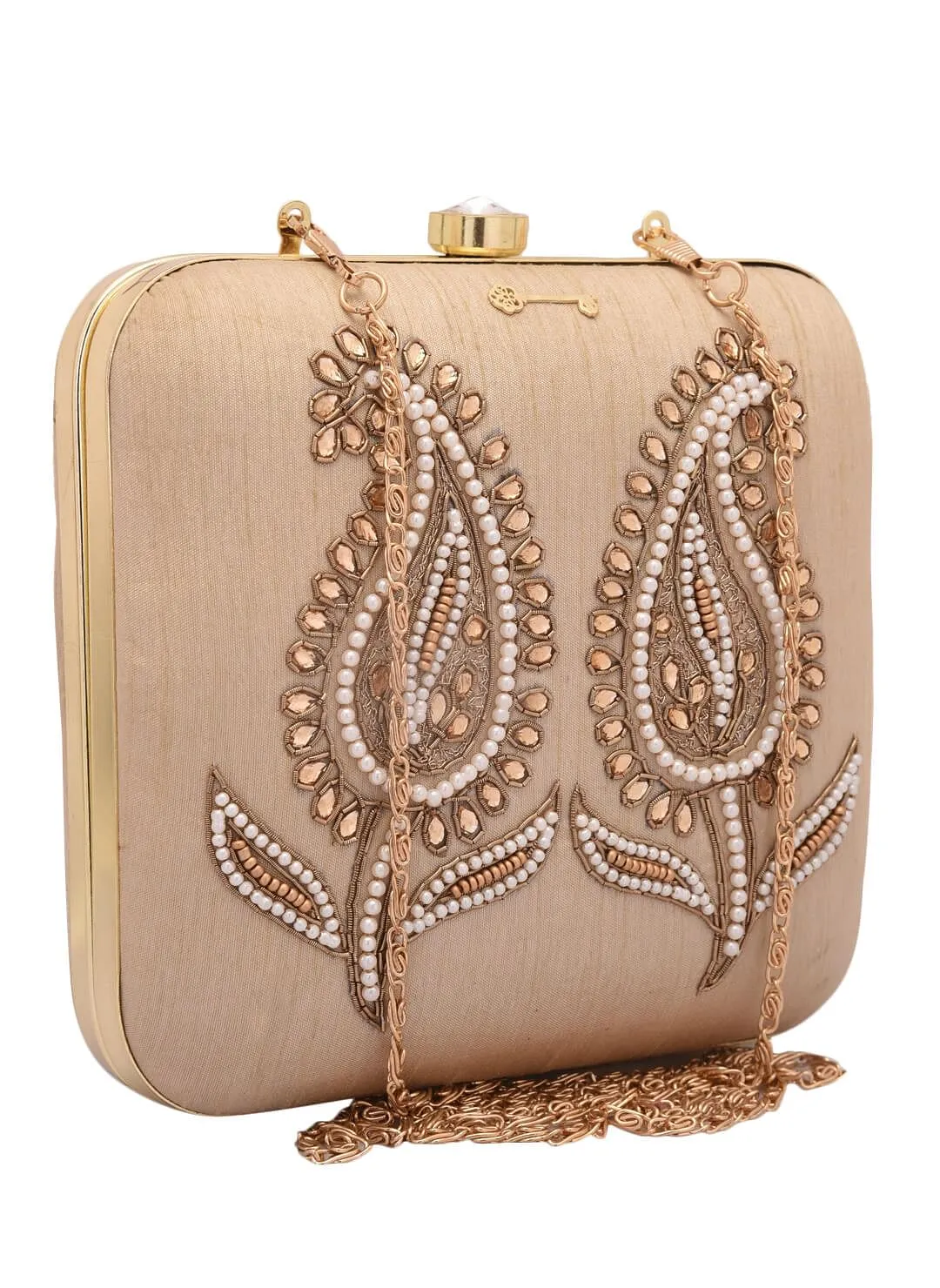 Beige Dabka Zari Embroidery Silk Box Clutch (6.5"x7"x2")