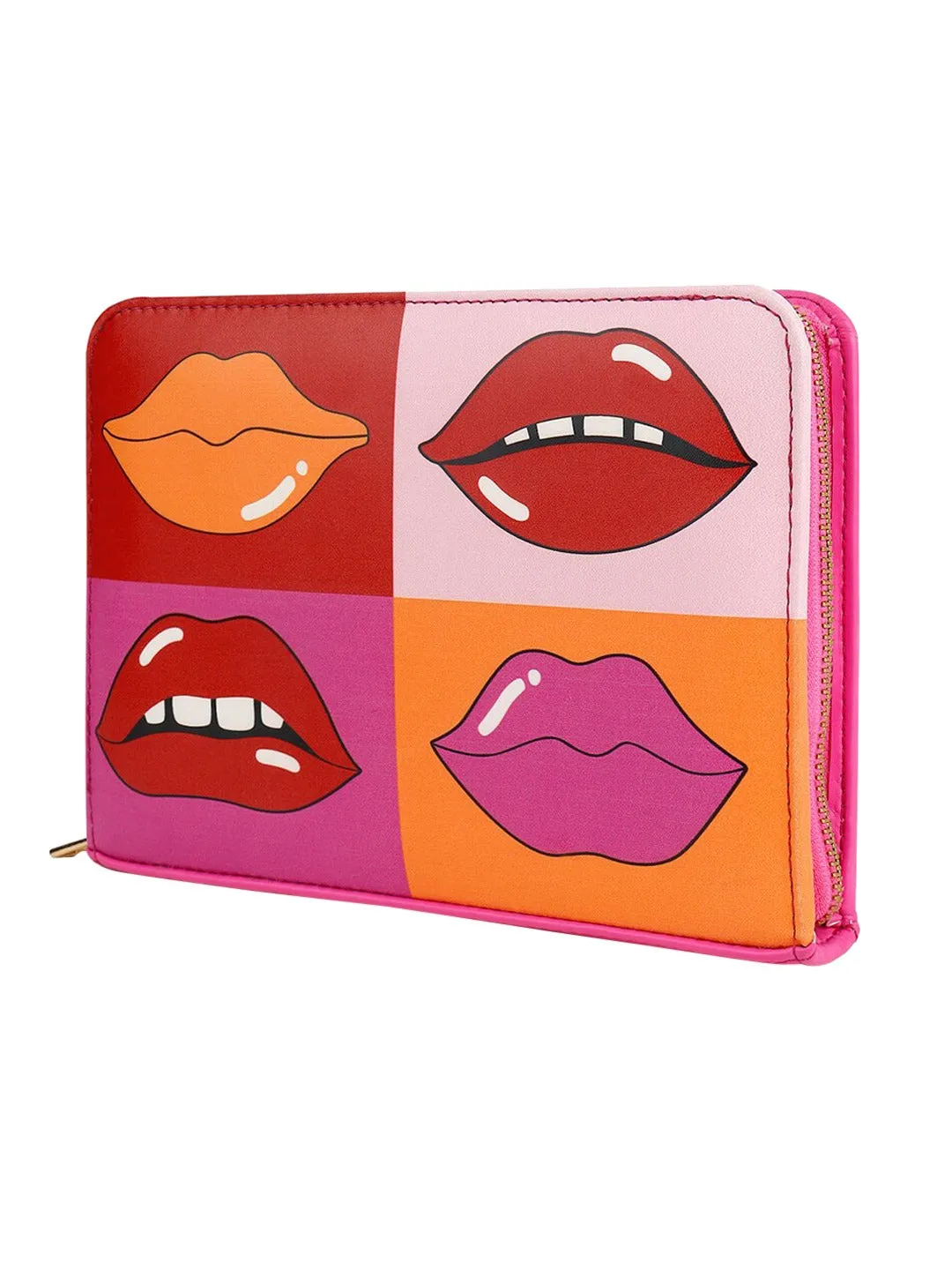 Berrylush Women Pink & Multicolour Lips Graphic Printed PU Zipper-Up Purse Clutch