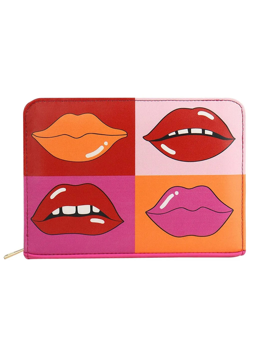 Berrylush Women Pink & Multicolour Lips Graphic Printed PU Zipper-Up Purse Clutch