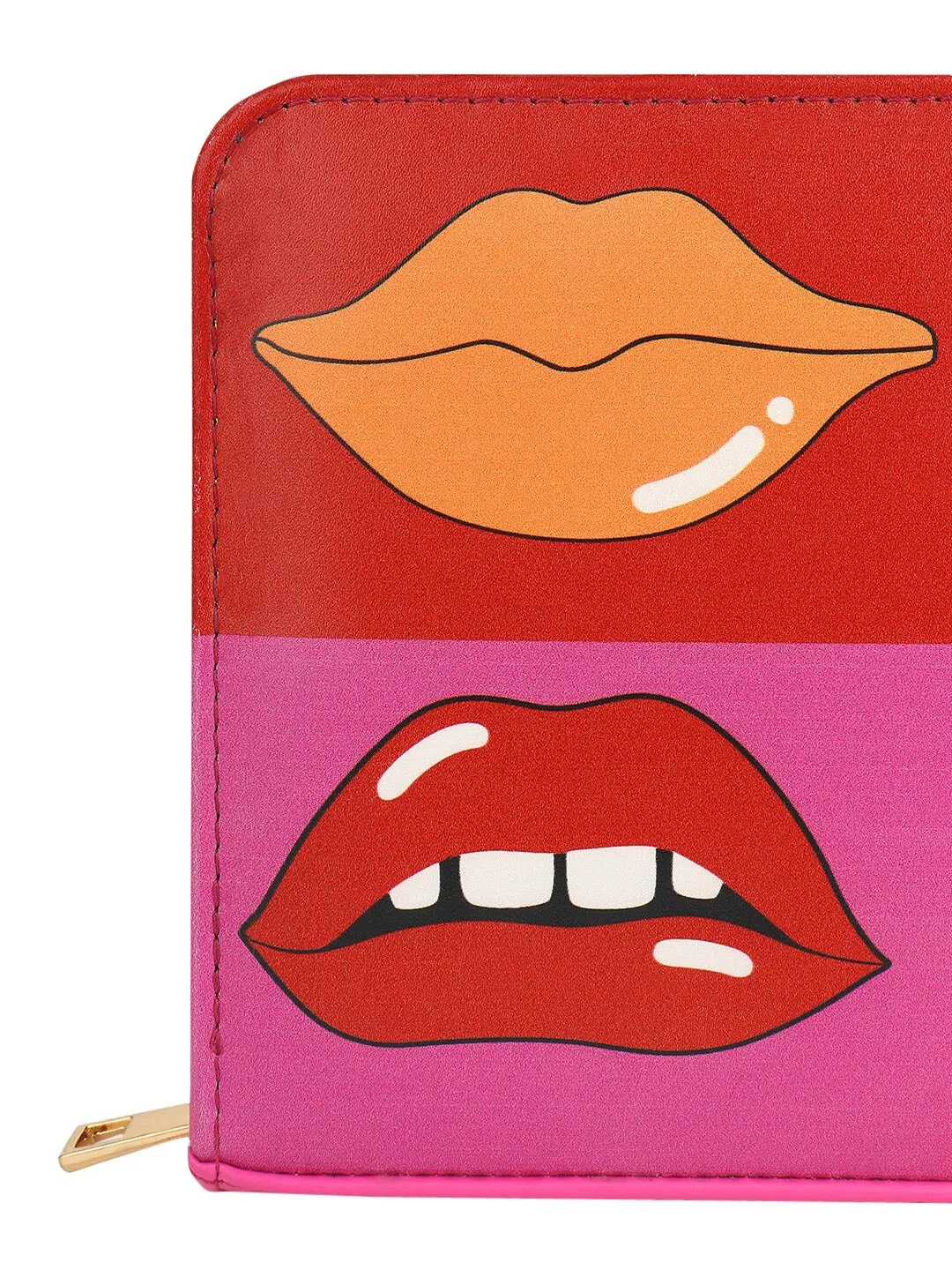 Berrylush Women Pink & Multicolour Lips Graphic Printed PU Zipper-Up Purse Clutch