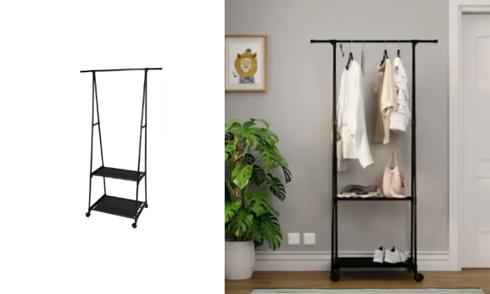 Clothing Rack - Hanger with 2 Shelves and 4 Wheels - 62cm