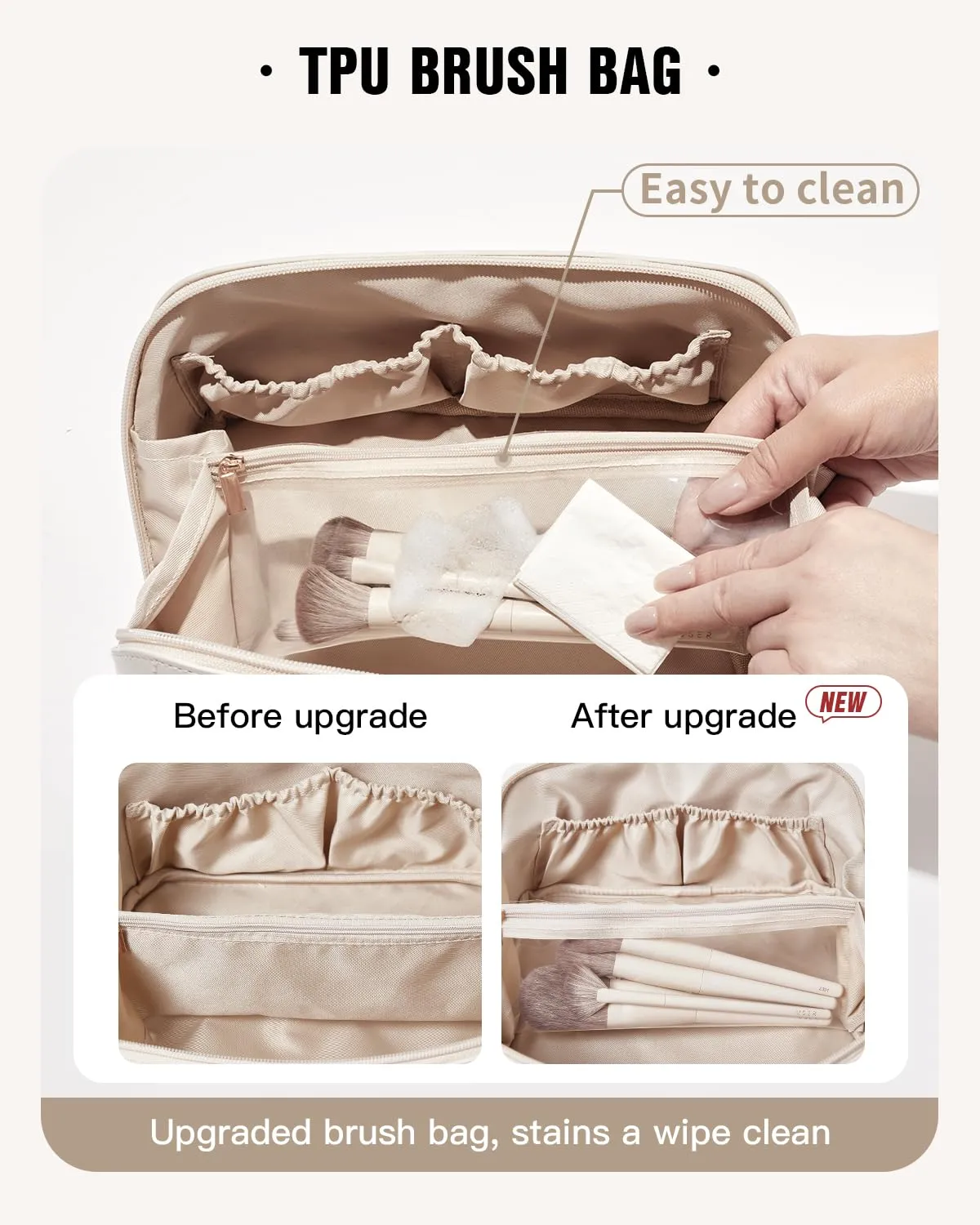 EACHY Travel Makeup Bag,Large Capacity Cosmetic Bags for Women,Waterproof Portable Pouch Open Flat Toiletry Bag Make up Organizer with Divider and Handle (F-Beige, Medium)
