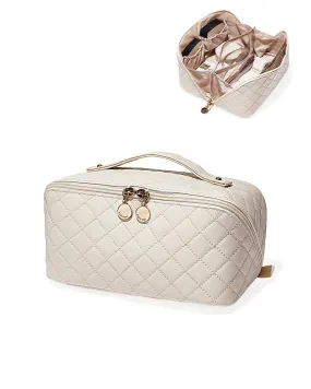 EACHY Travel Makeup Bag,Large Capacity Cosmetic Bags for Women,Waterproof Portable Pouch Open Flat Toiletry Bag Make up Organizer with Divider and Handle (F-Beige, Medium)