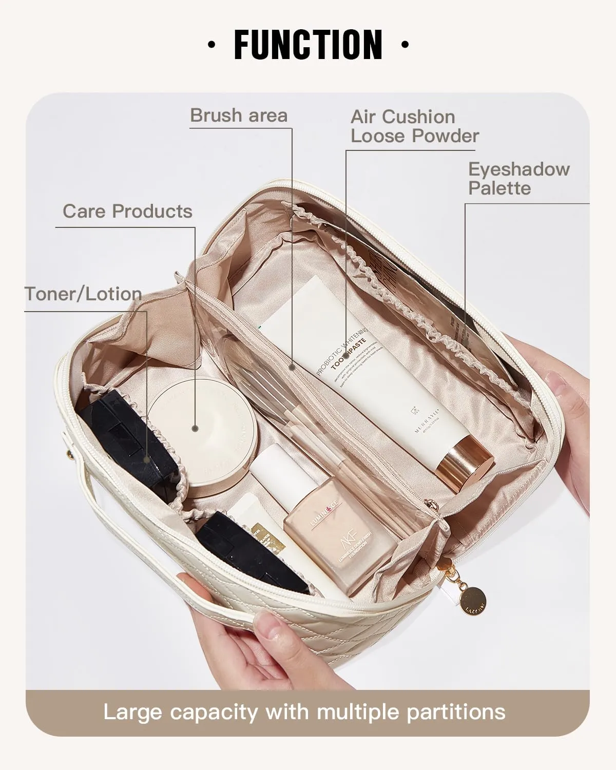 EACHY Travel Makeup Bag,Large Capacity Cosmetic Bags for Women,Waterproof Portable Pouch Open Flat Toiletry Bag Make up Organizer with Divider and Handle (F-Beige, Medium)