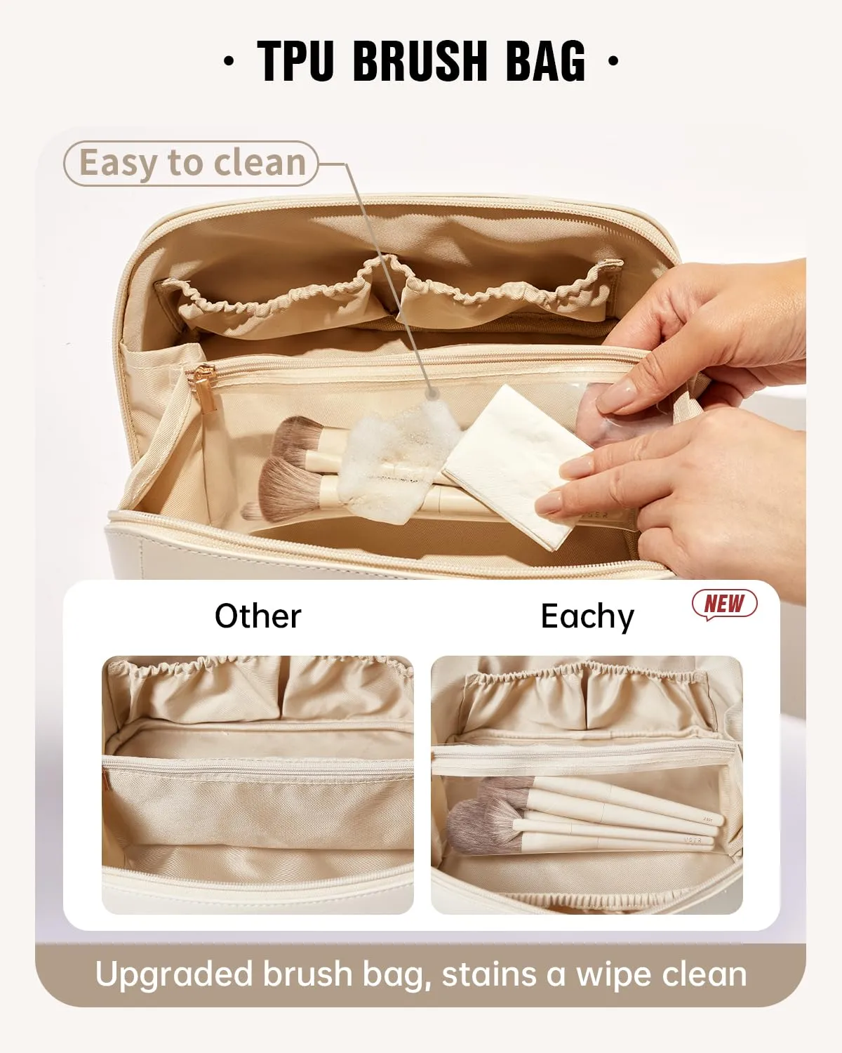 EACHY Travel Makeup Bag,Large Capacity Cosmetic Bags for Women,Waterproof Portable Pouch Open Flat Toiletry Bag Make up Organizer with Divider and Handle (Large-White, Large)