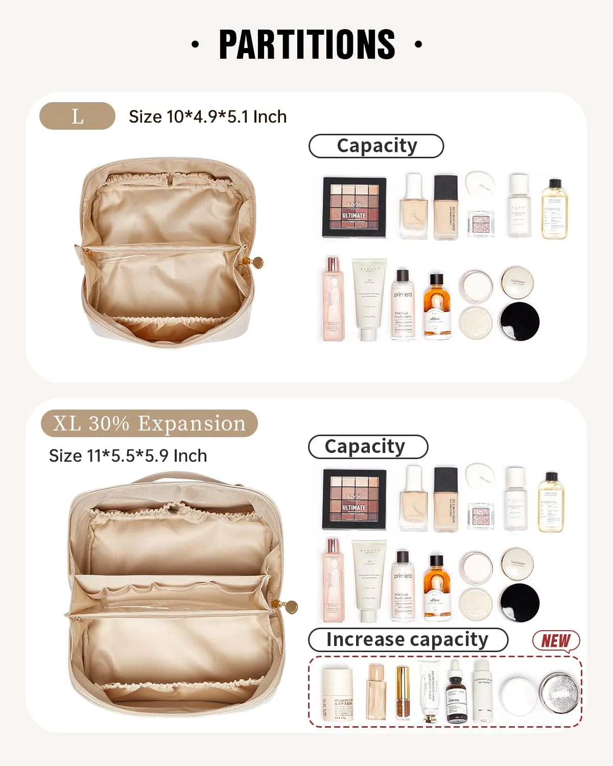 EACHY Travel Makeup Bag,Large Capacity Cosmetic Bags for Women,Waterproof Portable Pouch Open Flat Toiletry Bag Make up Organizer with Divider and Handle (Large-White, Large)