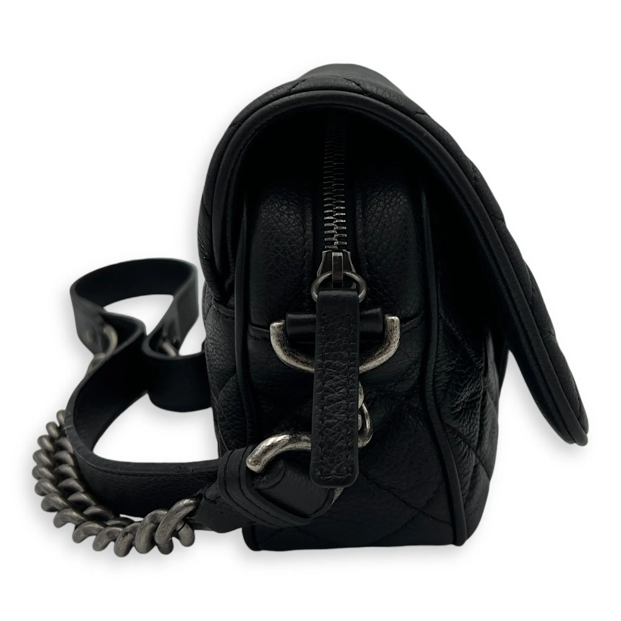 Easy Flap Shoulder Bag Black in Caviar Leather, Silver hardware