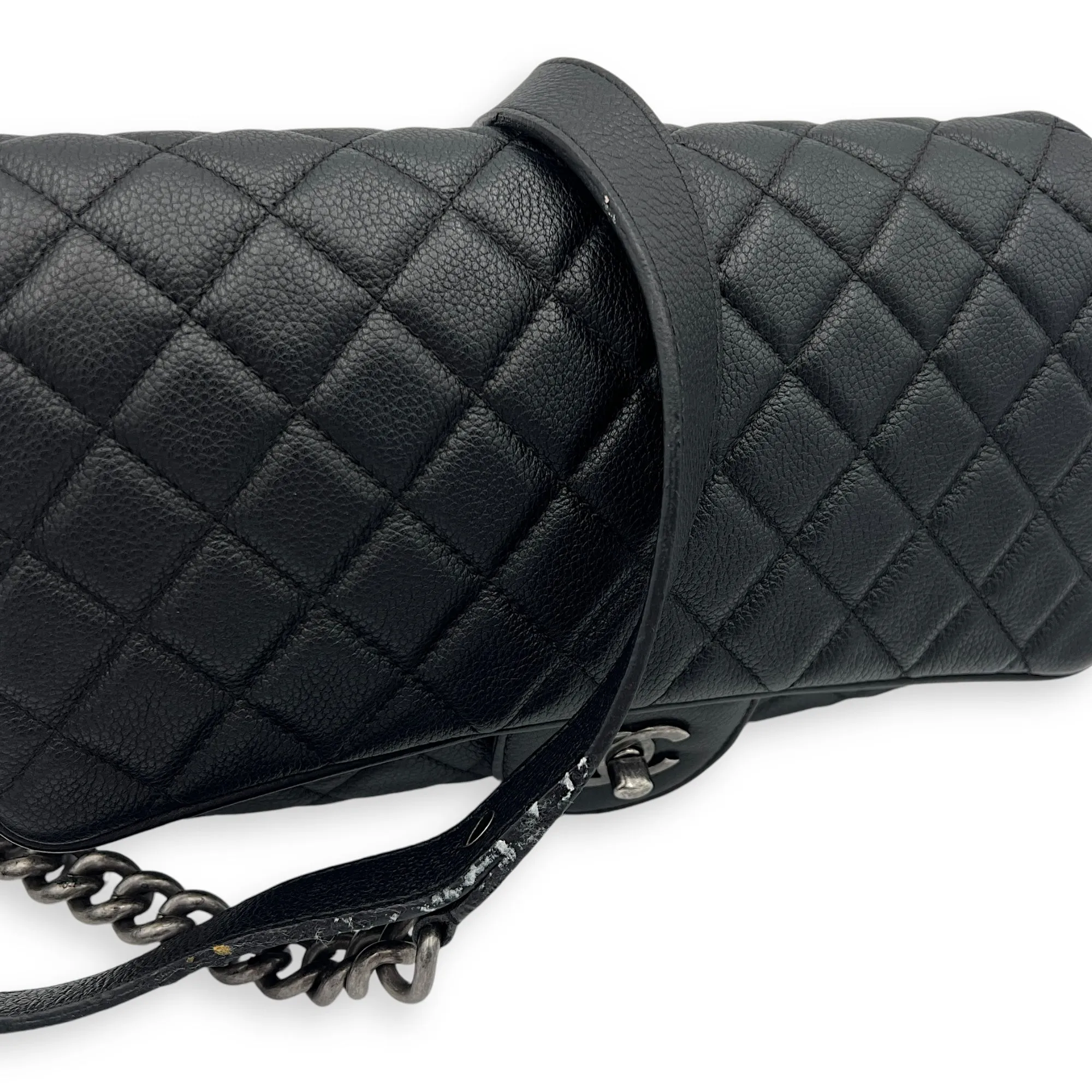 Easy Flap Shoulder Bag Black in Caviar Leather, Silver hardware