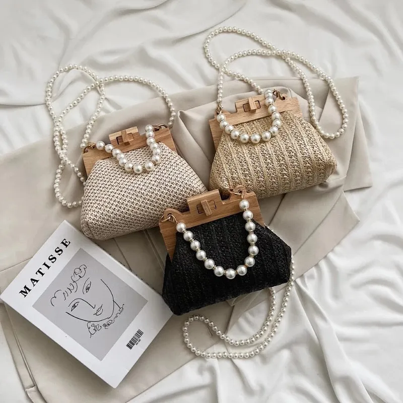 Elegant Hand-woven Wood and Pearl Handbags