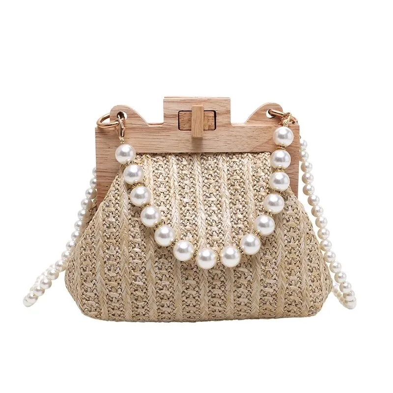 Elegant Hand-woven Wood and Pearl Handbags