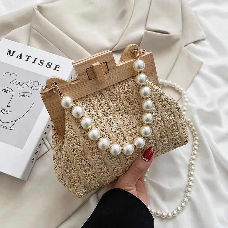 Elegant Hand-woven Wood and Pearl Handbags