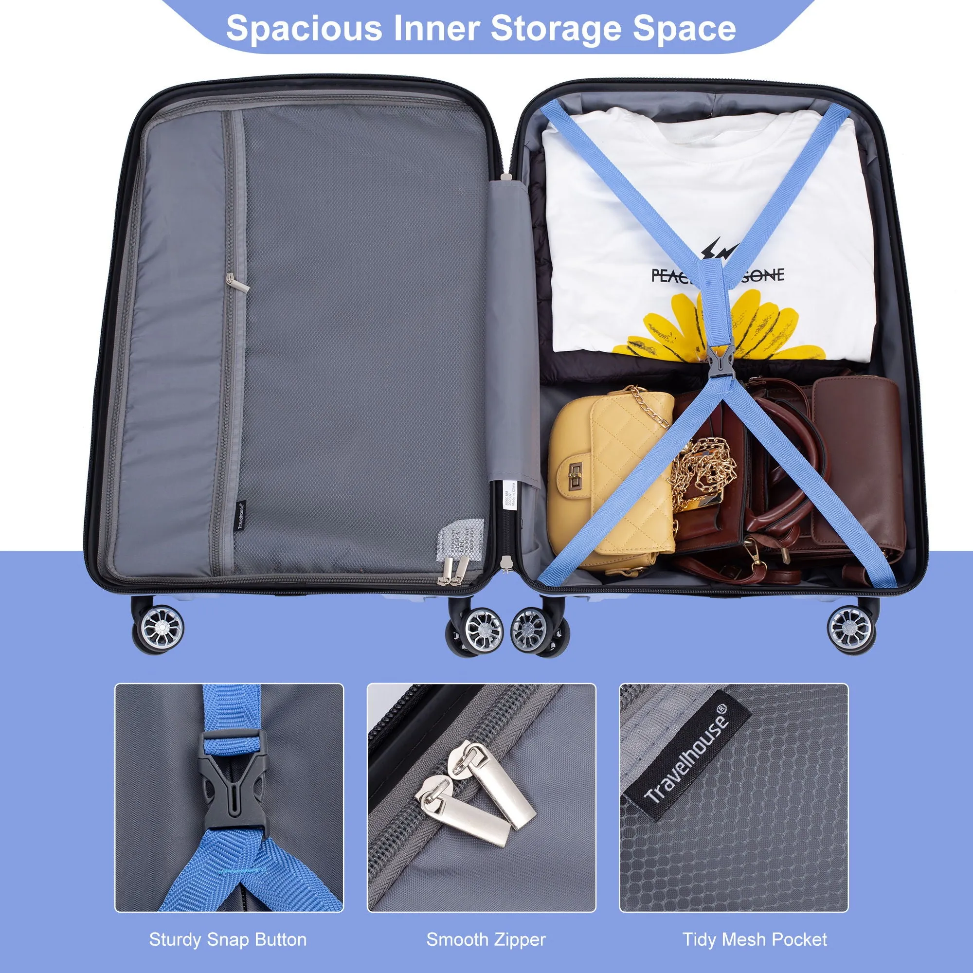 Hardshell Suitcase Double Spinner Wheels Pp Luggage Sets Lightweight Durable Suitcase With Tsa Lock, 3 Piece Set (20/24/28), Purplish Blue
