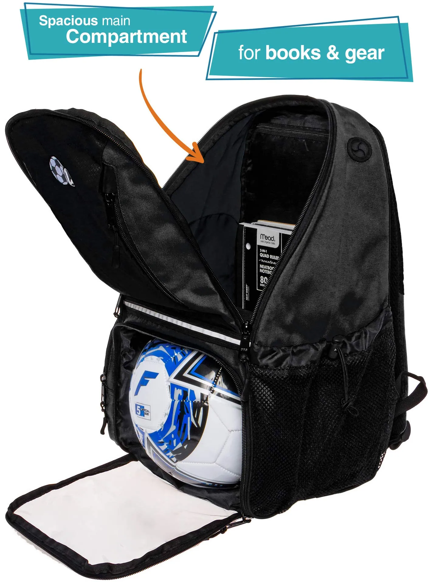 LISH Soccer Backpack - Large School Sports Gym Bag w/ Ball Compartment (Black)