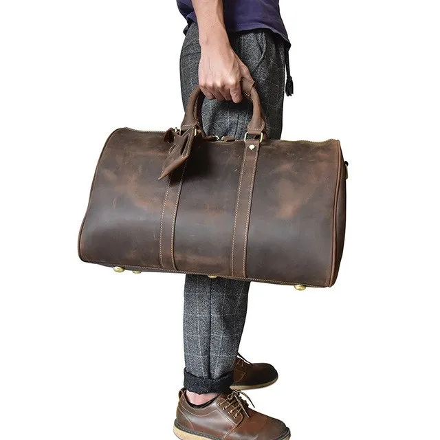 Men Genuine Leather Luggage Travel Bags Overnight Duffel Hangdbag Weekend High-Capacity Tote Boston